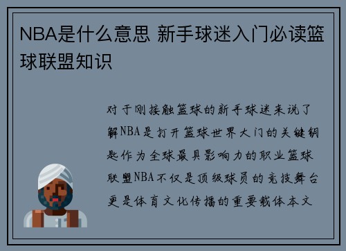 NBA是什么意思 新手球迷入门必读篮球联盟知识
